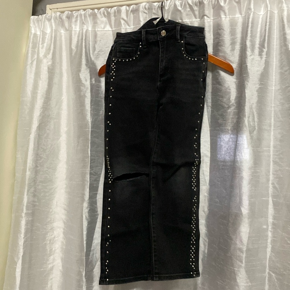 Girls studded jeans, ripped at one knee